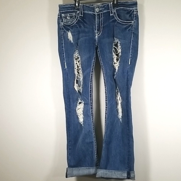 LA Idol USA Embellished Boot Cut Distressed Jeans - Picture 3 of 9